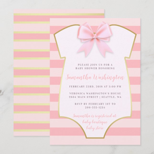 Cute Baby Girl Blush Pink Bow & Gold Baby Shower Invitation (Front/Back)