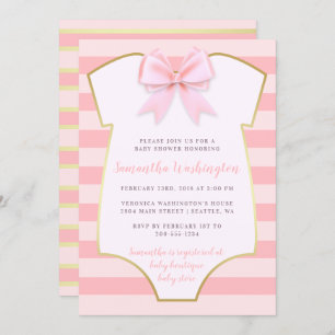 Cute Baby Girl Blush Pink Bow & Gold Baby Shower Invitation