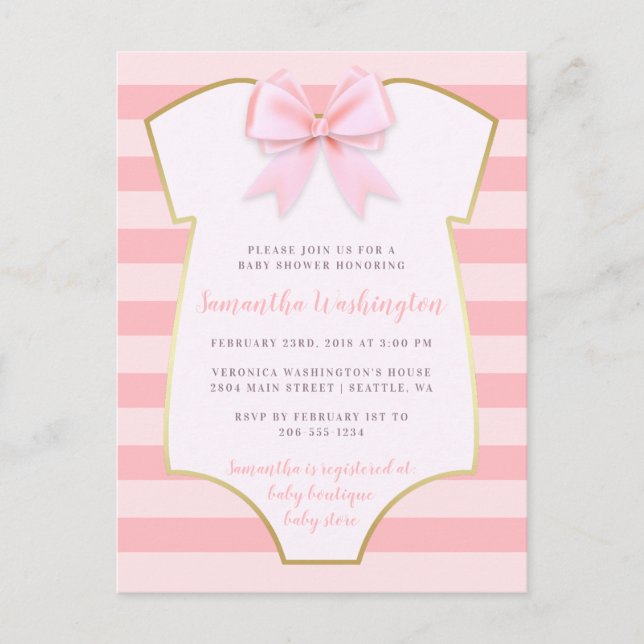 Cute Baby Girl Blush Pink Bow & Gold Baby Shower Invitation Postcard (Front)