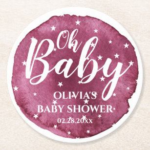  Cute Baby Girl Blush Watercolor and White Stars Round Paper Coaster