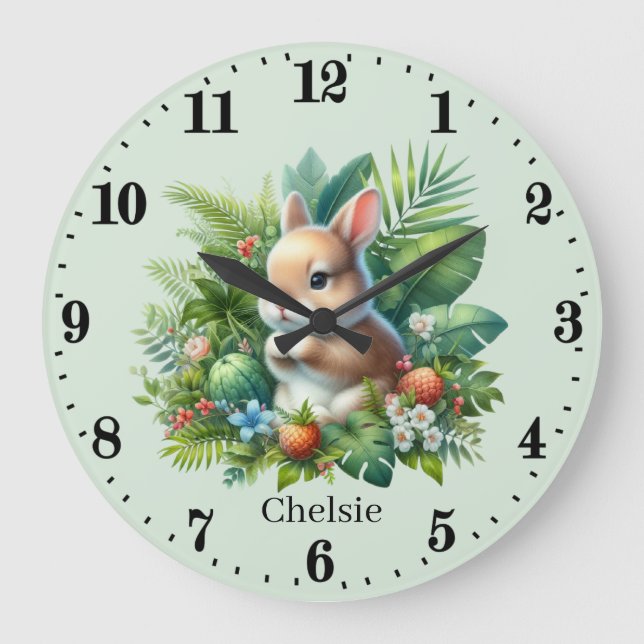 Cute baby girl bunny add name  large clock (Front)