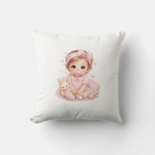 Cute Baby Girl & Bunny Pink Cushion Sweet Nurser