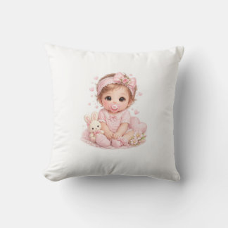 Cute Baby Girl & Bunny Pink Cushion | Sweet Nurser