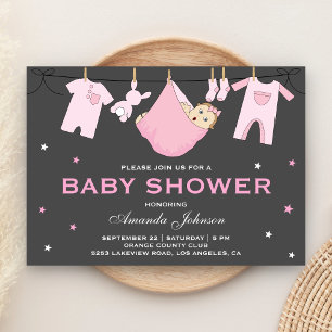 Cute Baby Girl Clothesline Baby Shower Invitation