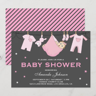 Cute Baby Girl Clothesline Baby Shower Invitation