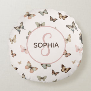 Cute Baby Girl Custom Monogram Butterfly Pattern Round Cushion