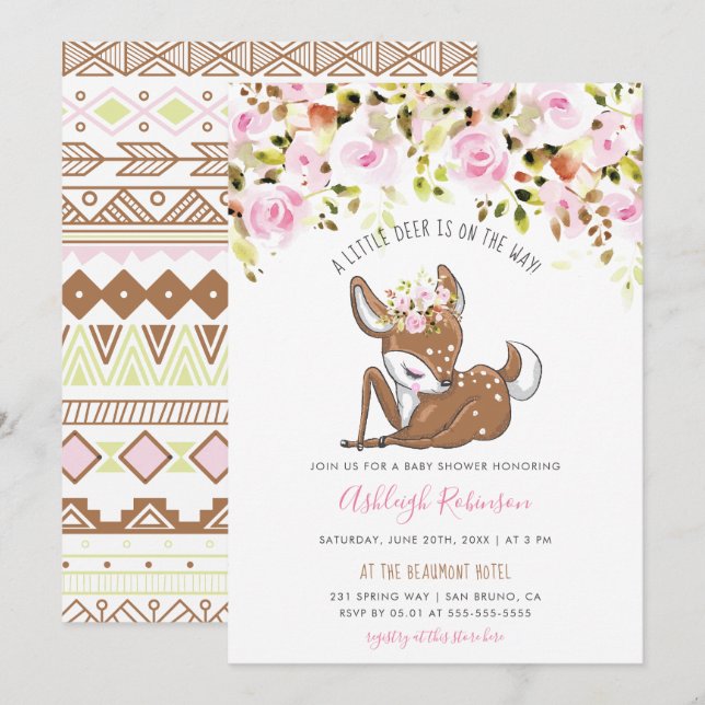 Cute Baby Girl Deer & Tribal Flowers Baby Shower Invitation (Front/Back)