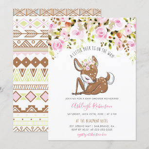 Cute Baby Girl Deer & Tribal Flowers Baby Shower Invitation