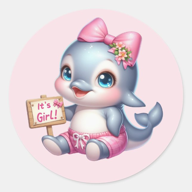 Cute baby girl dolphin classic round sticker (Front)