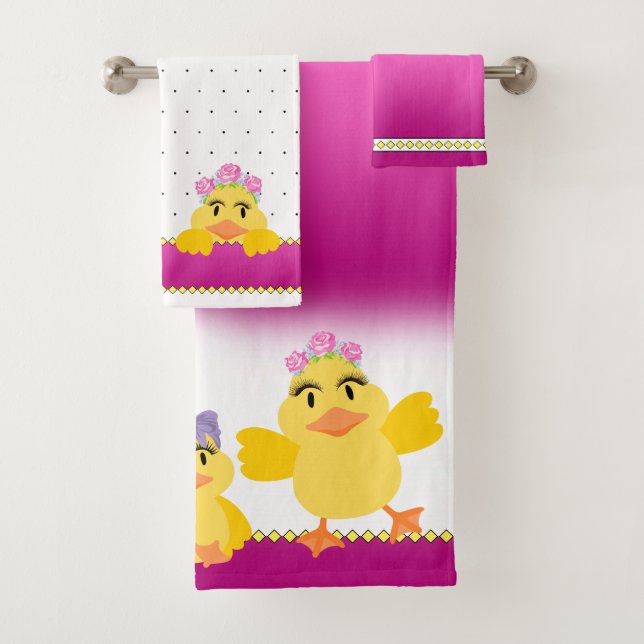 Cute Baby Girl Ducks on Pink & White Bath Towel Set (Insitu)