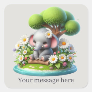 Cute baby girl elephant add message square sticker