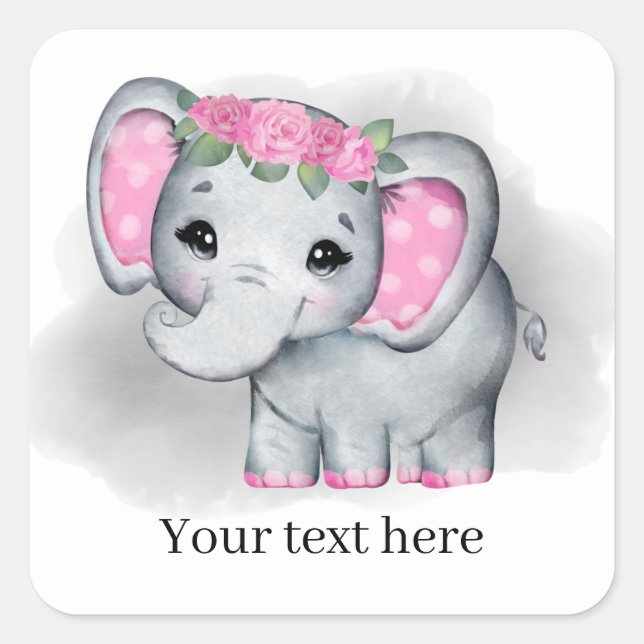 cute baby girl elephant add text any purpose square sticker (Front)