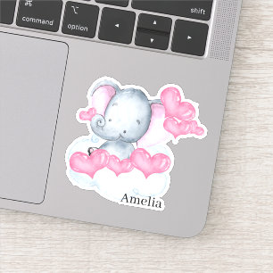 Cute Baby Girl Elephant and Pink Love Hearts Vinyl