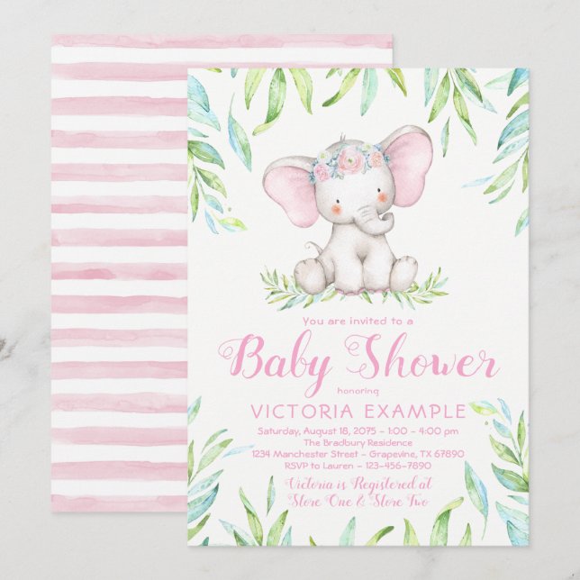Cute Baby Girl Elephant Baby Shower Invitations (Front/Back)