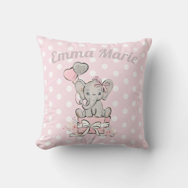 Cute Baby Girl Elephant Balloons Pink Silver Cushion (Front)
