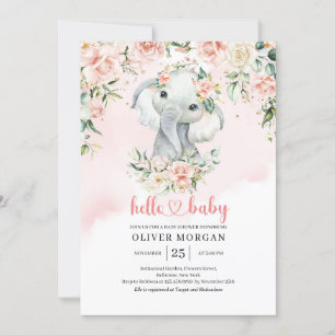 Cute baby girl elephant blush flowers gold  invitation