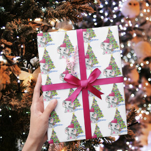 Cute Baby Girl Elephant Christmas Tree Wrapping Paper