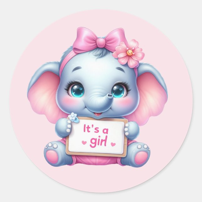 Cute baby girl elephant classic round sticker (Front)