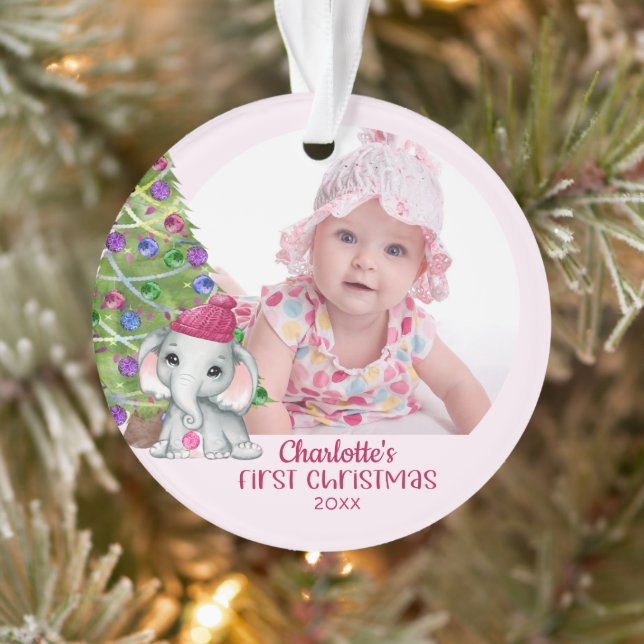 Cute Baby Girl Elephant First Christmas Photo Pink Ornament (Tree)