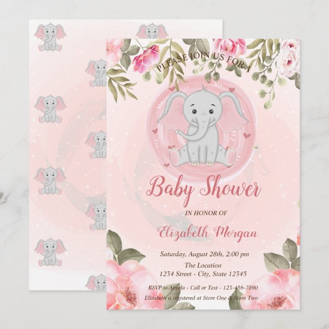 Cute Baby Girl Elephant,Floral Baby Shower Invitation (Front/Back)