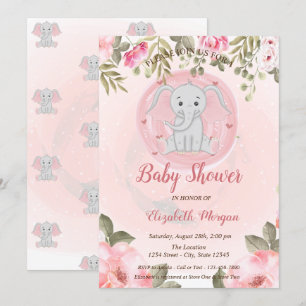 Cute Baby Girl Elephant,Floral Baby Shower Invitation