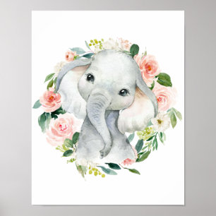 Cute Baby Girl Elephant Floral Poster