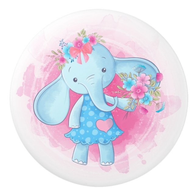Cute Baby Girl Elephant Flowers Pink Bow Cartoon Ceramic Knob (Front)