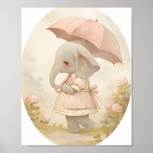 Cute Baby Girl Elephant in Rain Nursery Wall Art (Front)