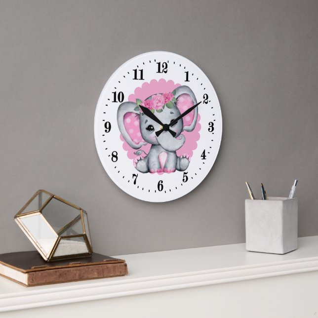 cute baby girl elephant  large clock (Office)
