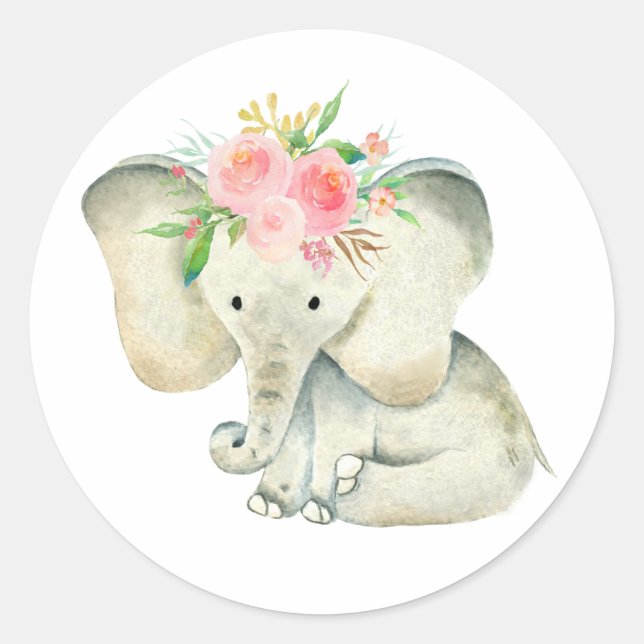 Cute Baby Girl Elephant with Flowers Classic Round Sticker (Front)