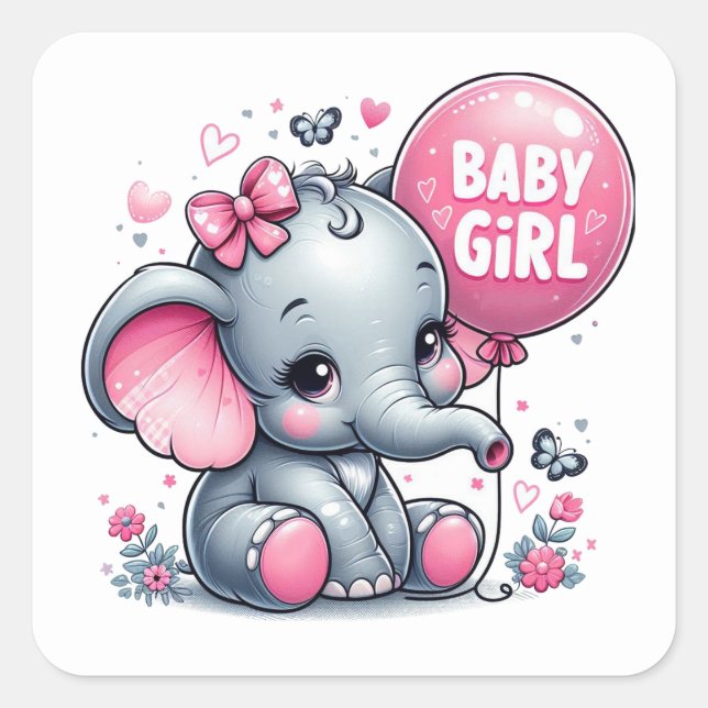 Cute Baby Girl Elephant with Flowers, Hearts Square Sticker (Front)