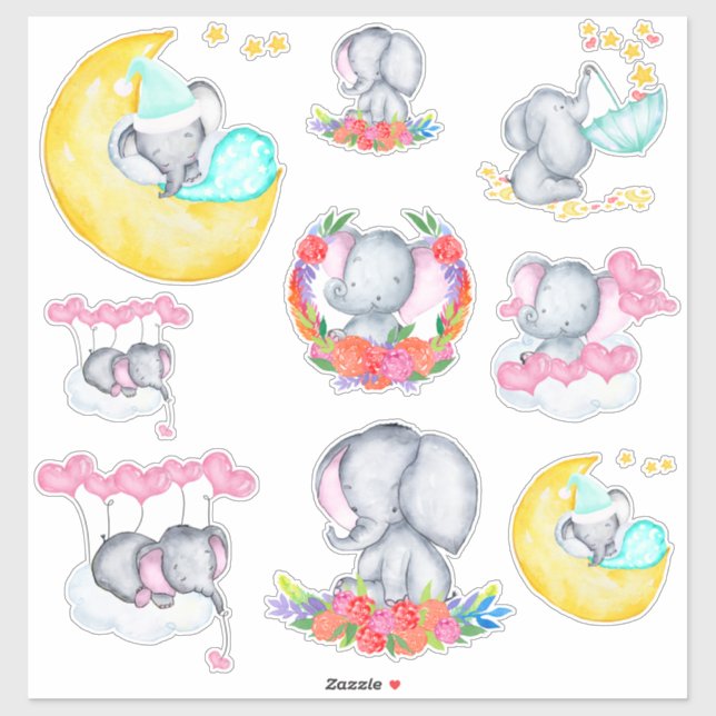Cute Baby Girl Elephants Set of 9 Vinyl (Sheet)