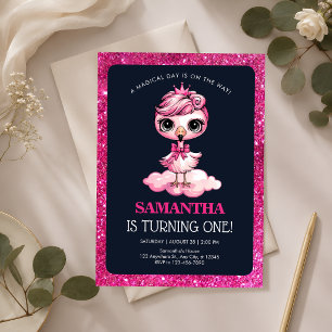 Cute Baby Girl Flamingo Birthday Party Invitation