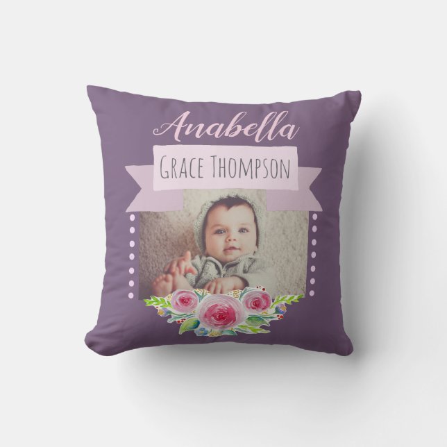 Cute Baby Girl Flower Photo Birth Announcement Cushion (Front)