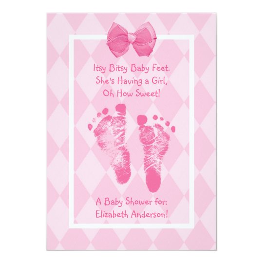 Cute Baby Girl Footprints Baby Shower Pink Ribbon Card