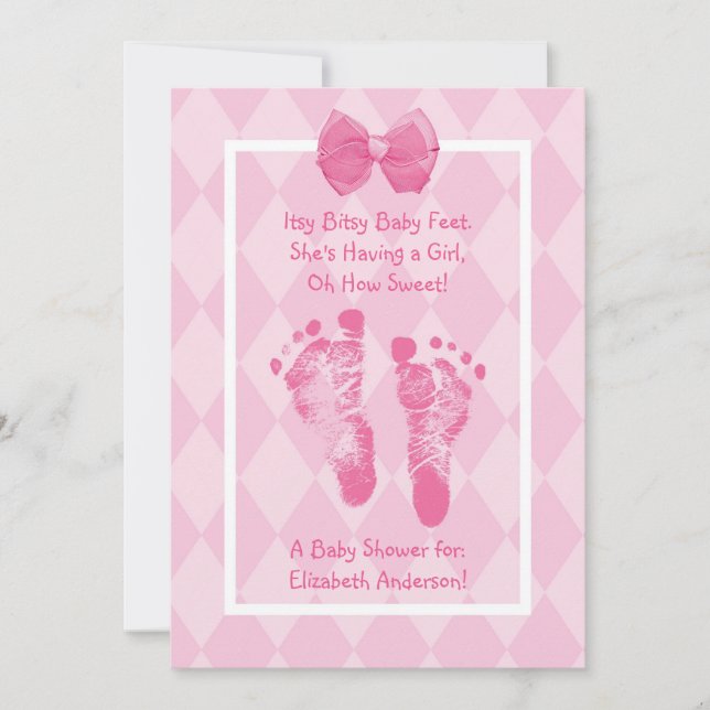 Cute Baby Girl Footprints Baby Shower Pink Ribbon Invitation (Front)