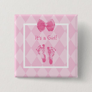 Cute Baby Girl Footprints Birth Announcement 15 Cm Square Badge