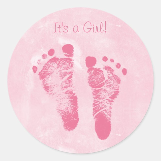 Cute Baby Girl Footprints Birth Announcement Classic Round Sticker (Front)