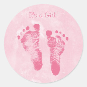 Cute Baby Girl Footprints Birth Announcement Classic Round Sticker