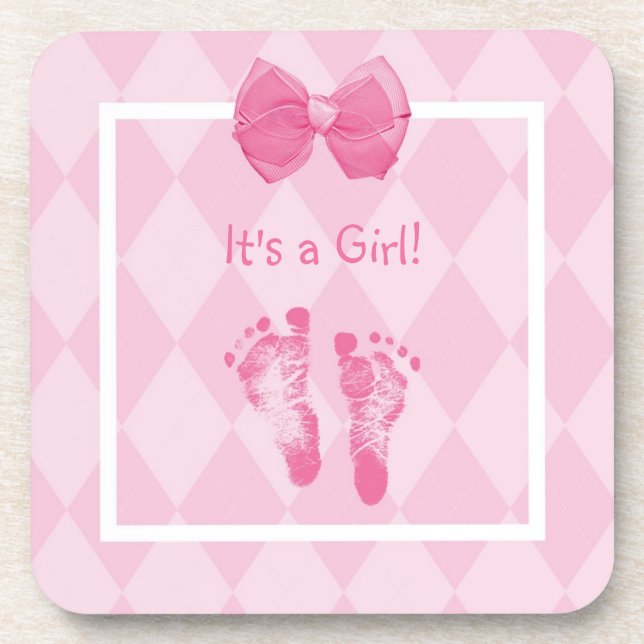 Cute Baby Girl Footprints Birth Announcement Coaster (Front)