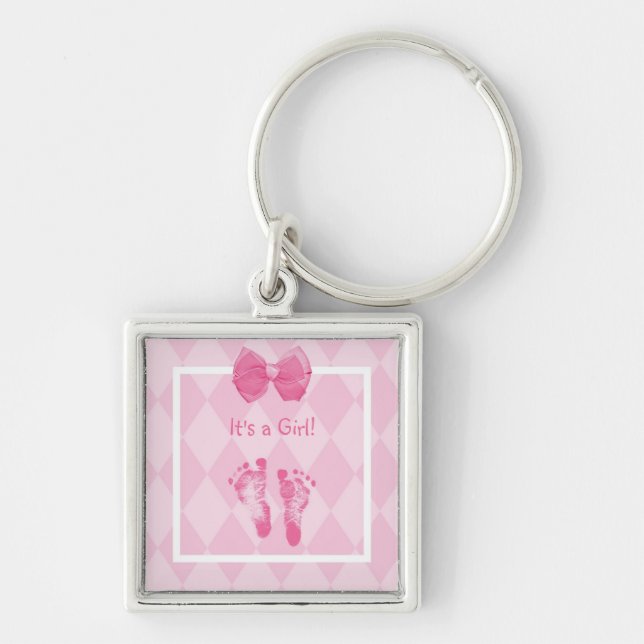 Cute Baby Girl Footprints Birth Announcement Key Ring (Front)