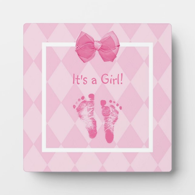 Cute Baby Girl Footprints Birth Announcement Plaque (Front)