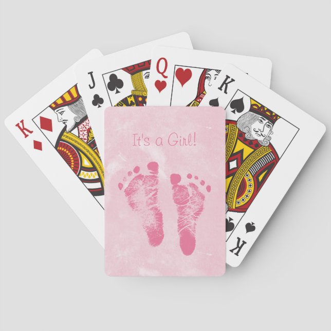Cute Baby Girl Footprints Birth Announcement Playing Cards (Back)