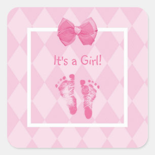 Cute Baby Girl Footprints Birth Announcement Square Sticker