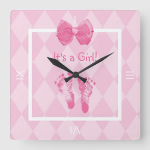 Cute Baby Girl Footprints Birth Announcement Square Wall Clock
