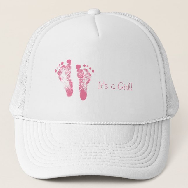 Cute Baby Girl Footprints Birth Announcement Trucker Hat (Front)