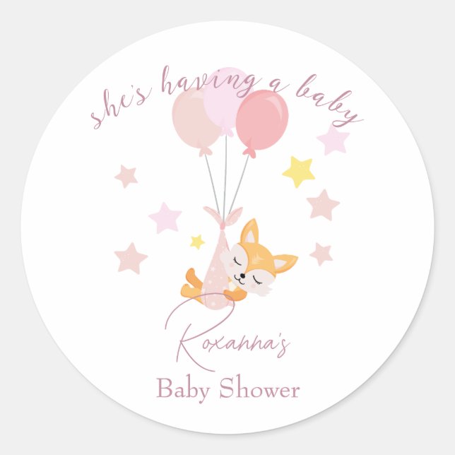 Cute Baby Girl Fox and Balloons Classic Round Sticker (Front)