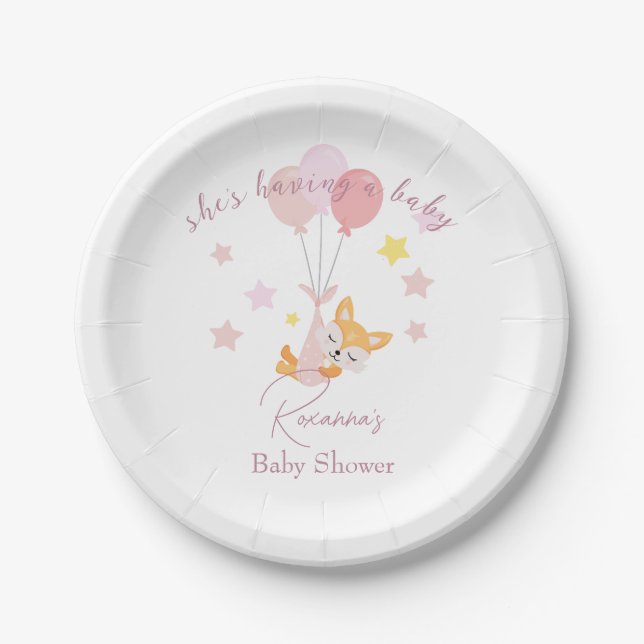 Cute Baby Girl Fox and Balloons Paper Plate (Front)