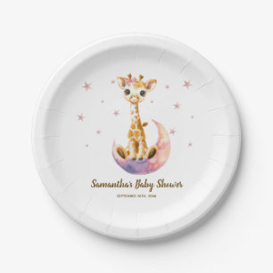 Cute Baby Girl Giraffe Watercolor Baby Shower Paper Plate
