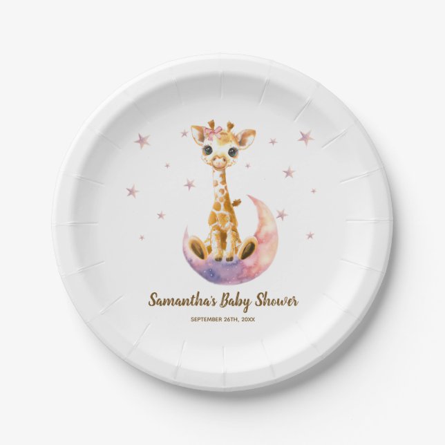 Cute Baby Girl Giraffe Watercolor Baby Shower Paper Plate (Front)